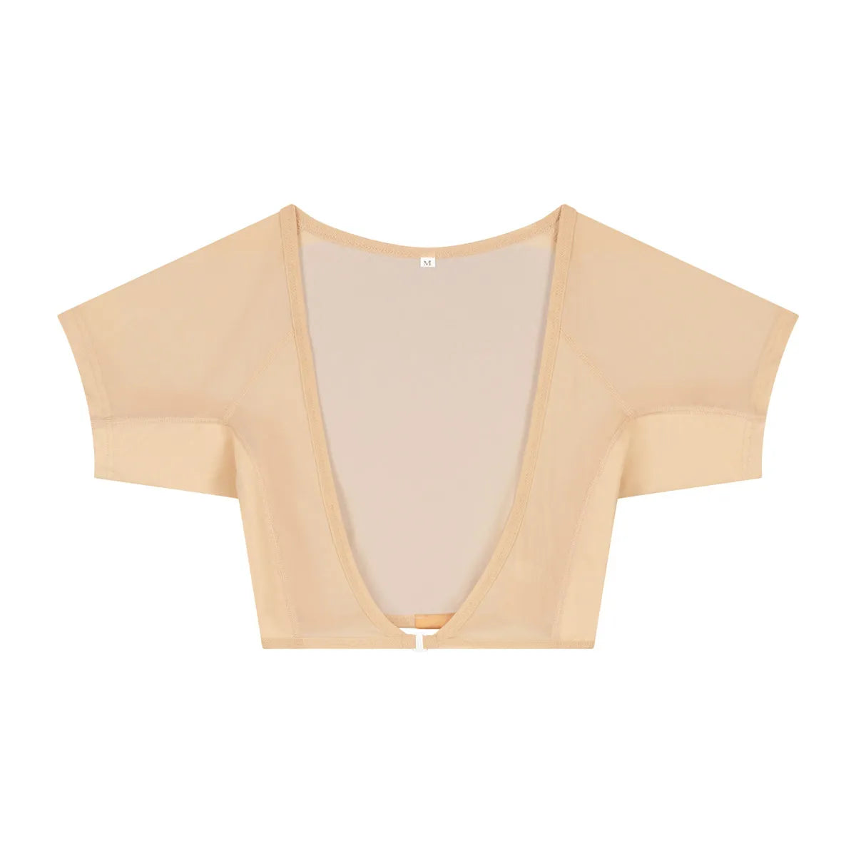 Flatlay-fotografie van de voorkant van een doorschijnende beige ConfidenceForAll DryDress-top met korte mouwen, voorzien van grote, zweetabsorberende, antibacteriële zweetpads met een clip aan de voorkant om hem vast te maken.