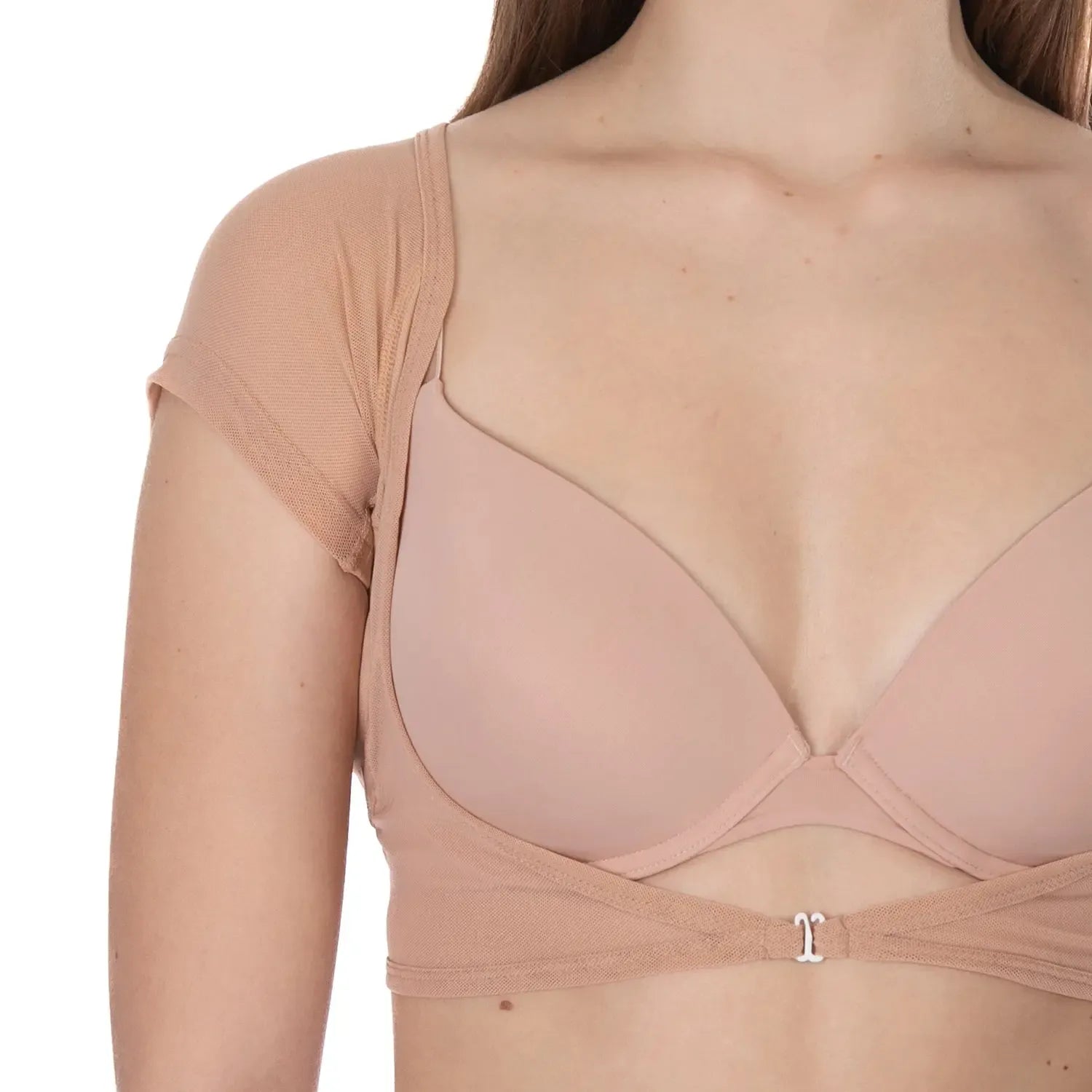 Studio fotografie van ConfidenceForAll DryDress Korte pad Anti-zweet Top in Beige vooraanzicht model bruin haar en witte achtergrond