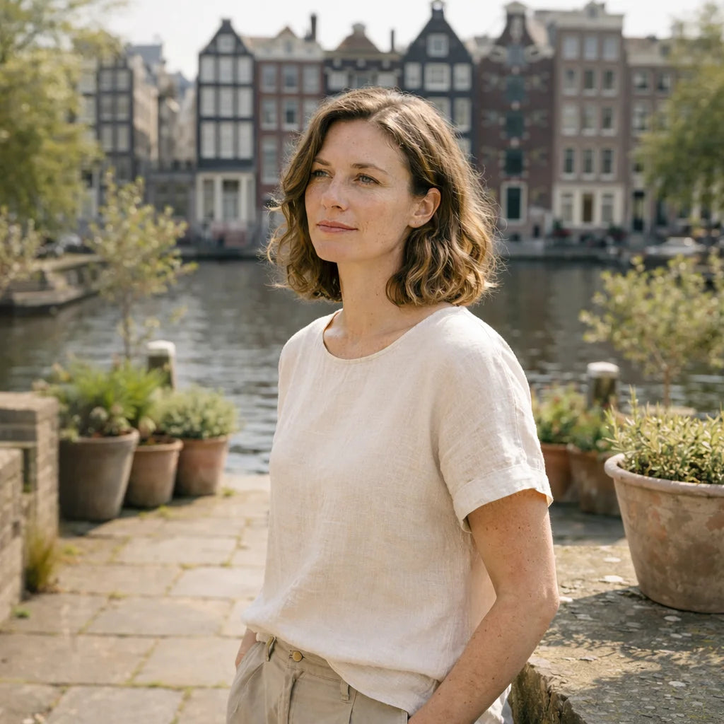 Editorial foto van Confidence For All van een vrouw bij een gracht met een linnen shirt aan