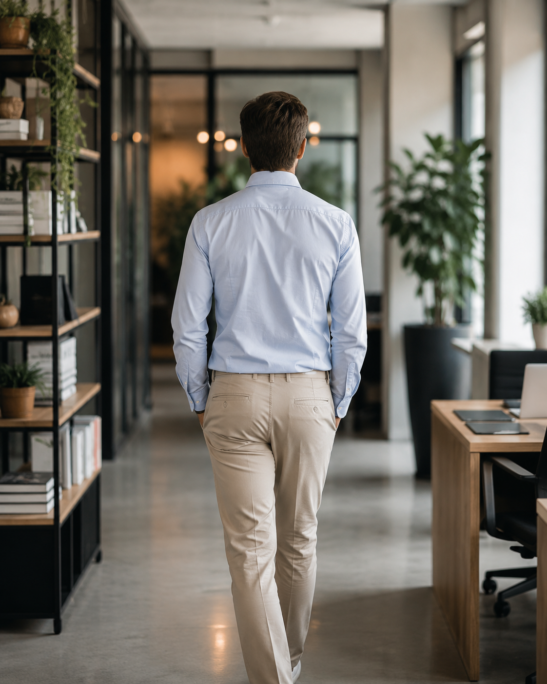 Confidence For All sfeerfoto achterkant van man lopend met bruin haar in een moderne warme kantoor met een begie kantoenen broek en een lichtblauwe blouse aan