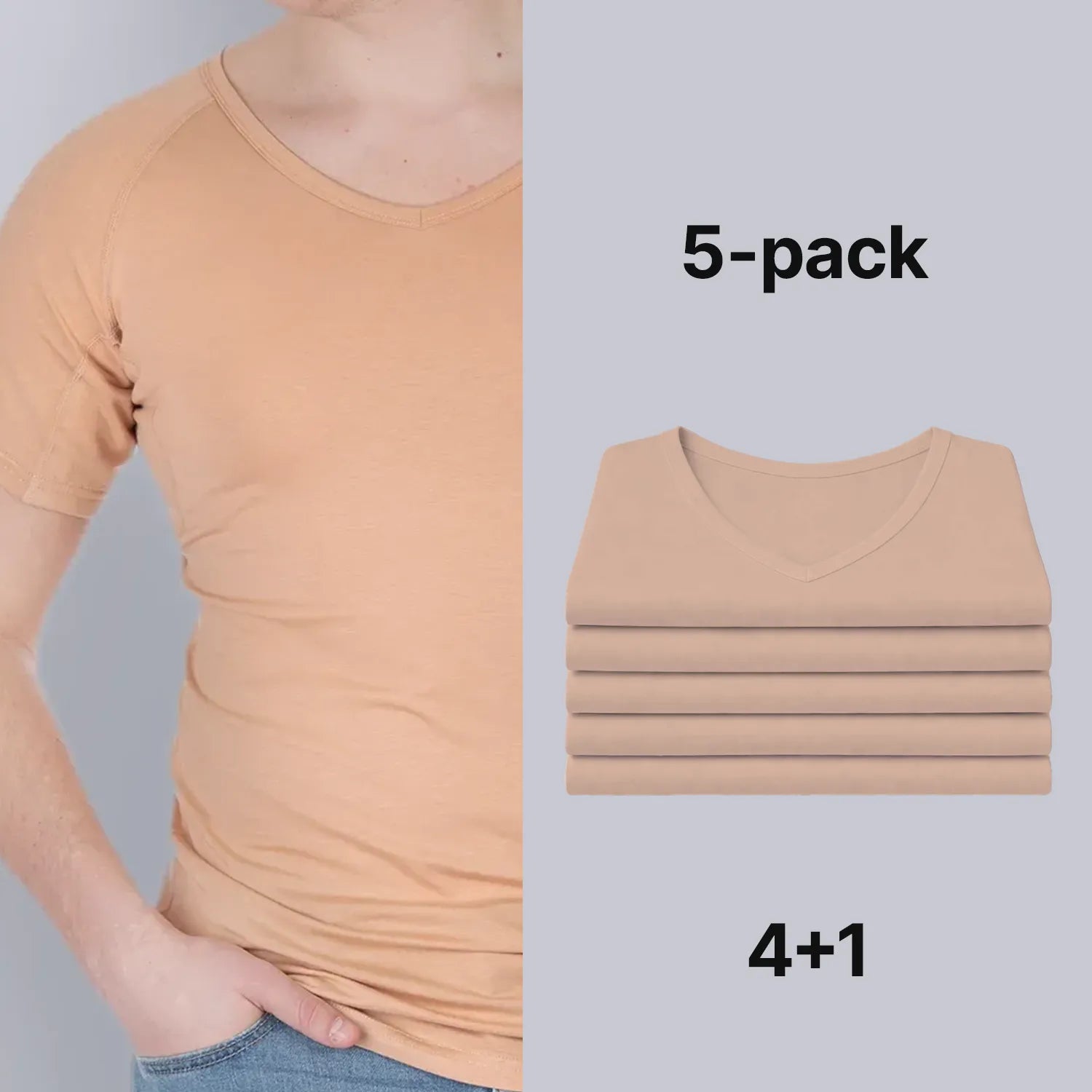 Beige Confidence For All heren anti-zweet T-shirt met korte mouwen, en v-hals gedragen door model, naast een netjes opgestapelde 5-pack shirts in beige kleur (4+1 voordeelverpakking), comfortabel en basic design voor dagelijks gebruik.