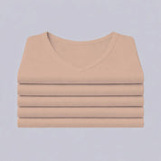 5-pack beige Confidence For All heren anti-zweet T-shirts netjes opgestapeld, basic shirts met v-hals.