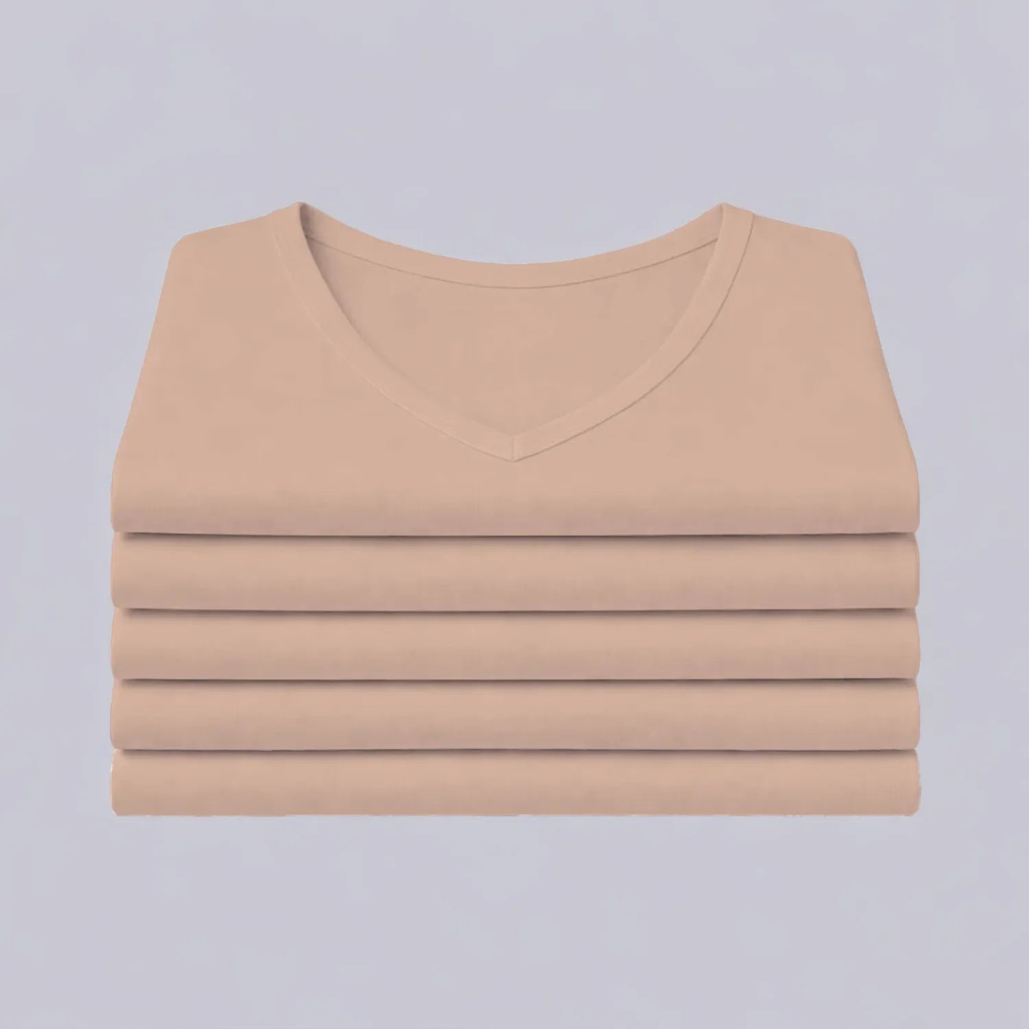 5-pack beige Confidence For All heren anti-zweet T-shirts netjes opgestapeld, basic shirts met v-hals.