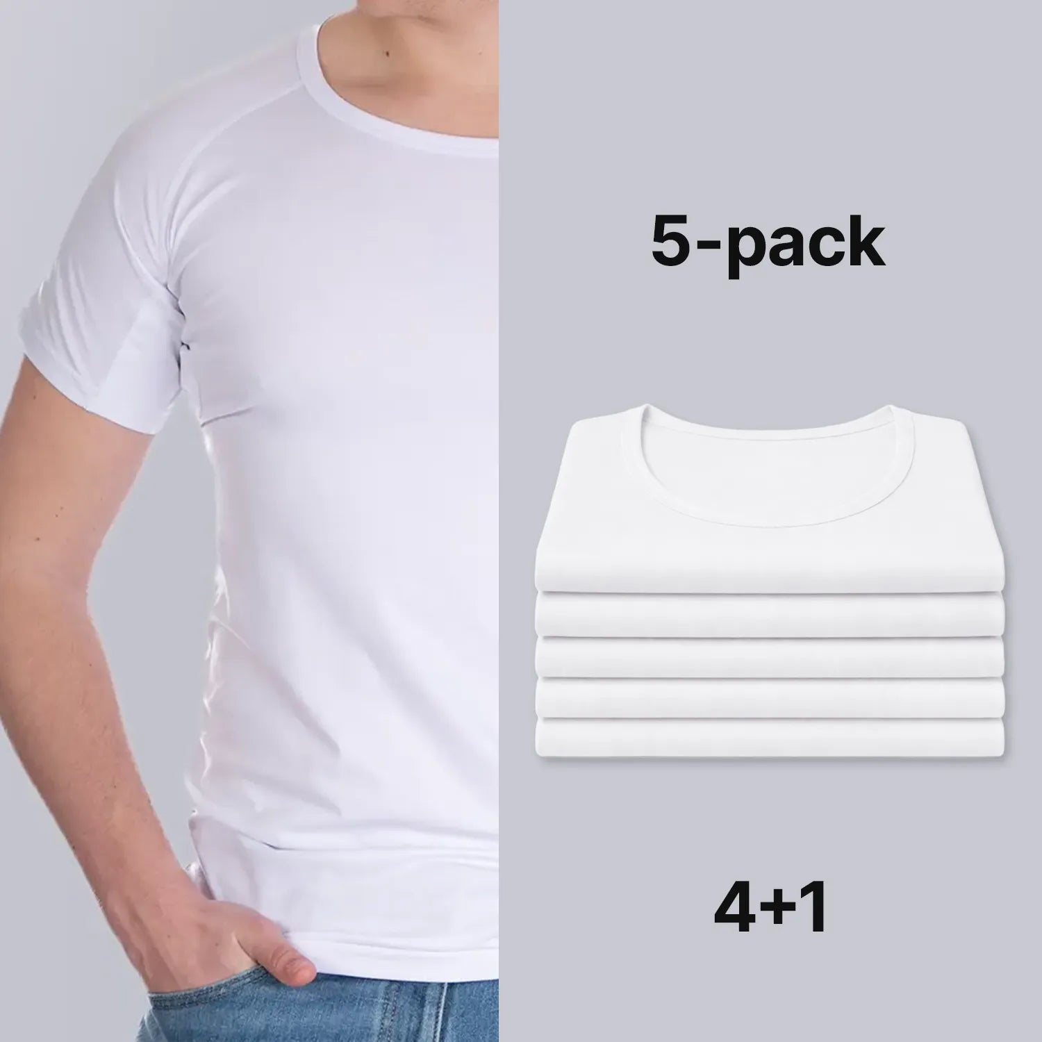 Witte Confidence For All heren anti-zweet T-shirt met korte mouwen, en ronde hals gedragen door model, naast een netjes opgestapelde 5-pack shirts in witte kleur (4+1 voordeelverpakking), comfortabel en basic design voor dagelijks gebruik.