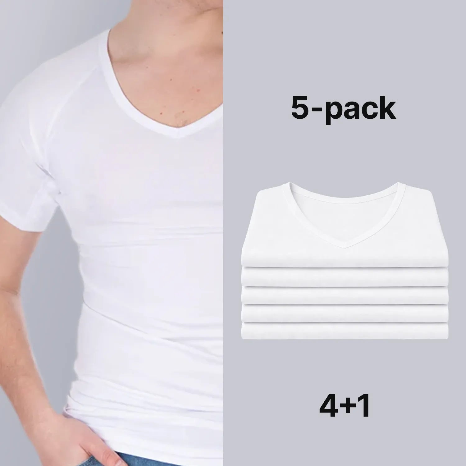 Witte Confidence For All heren anti-zweet T-shirt met korte mouwen, en v-hals gedragen door model, naast een netjes opgestapelde 5-pack shirts in witte kleur (4+1 voordeelverpakking), comfortabel en basic design voor dagelijks gebruik.