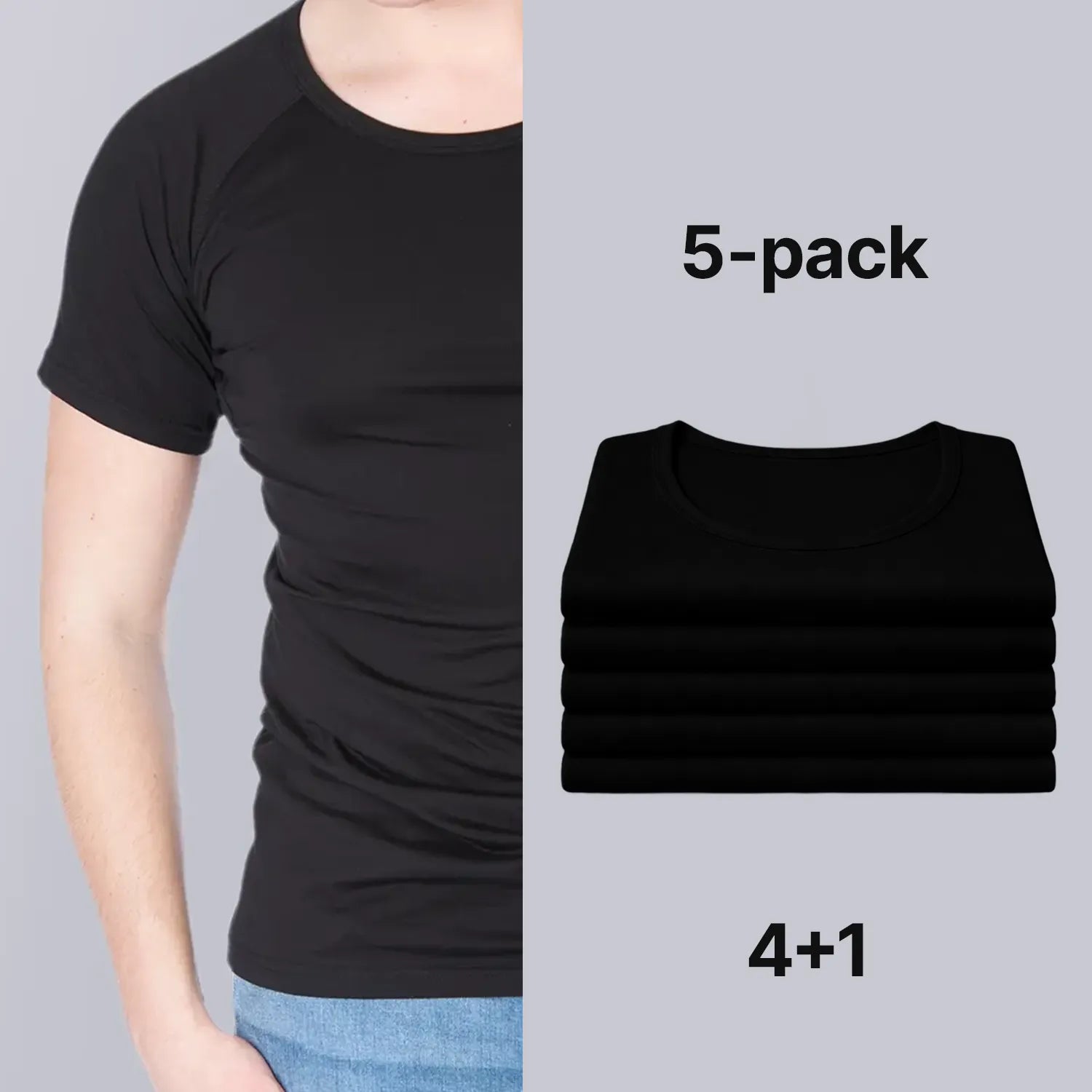 Zwarte Confidence For All heren anti-zweet T-shirt met korte mouwen en ronde hals, gedragen door model, naast een netjes opgestapelde 5-pack shirts in zwarte kleur (4+1 voordeelverpakking), comfortabel en basic design voor dagelijks gebruik.