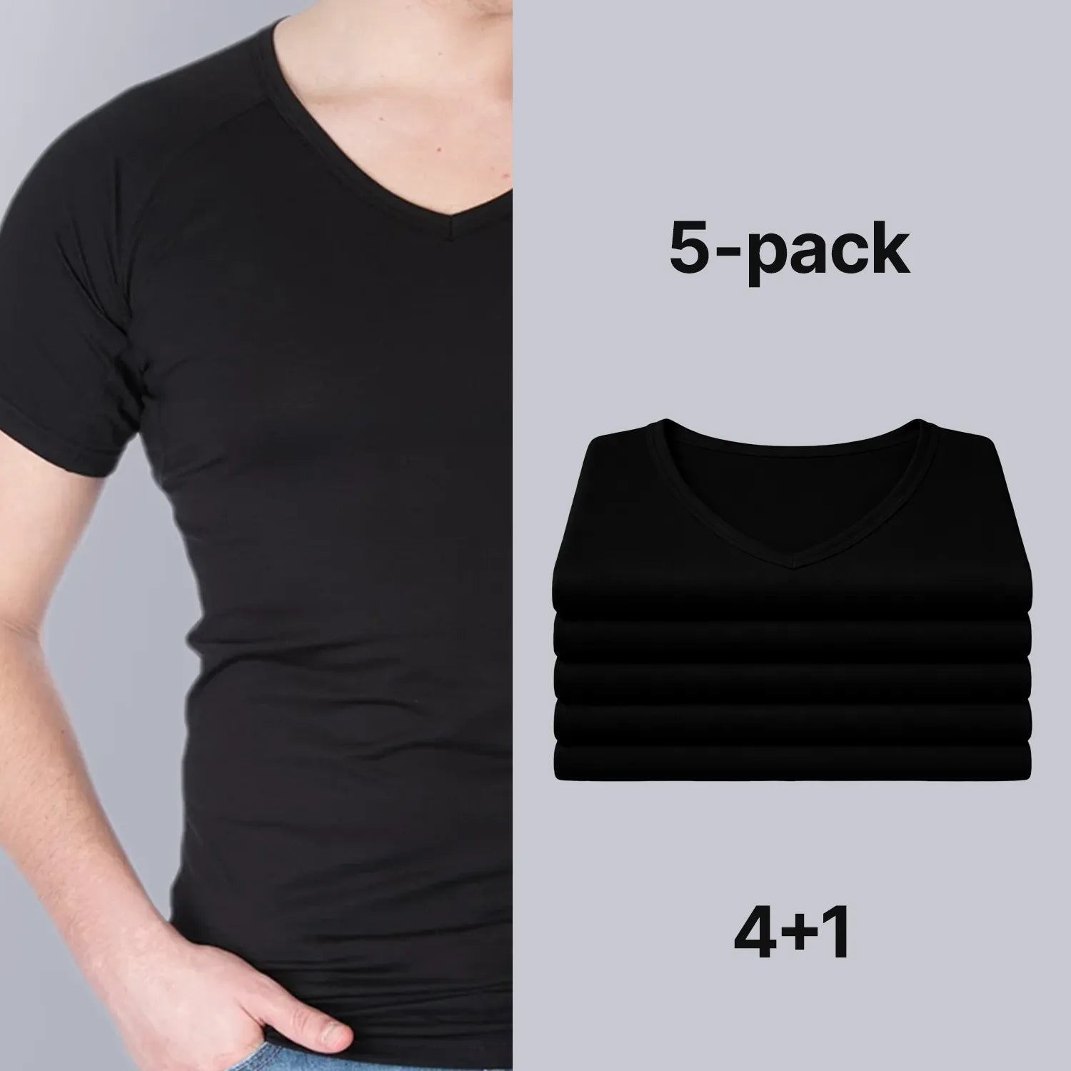 Zwarte Confidence For All heren anti-zweet T-shirt met korte mouwen, en v-hals gedragen door model, naast een netjes opgestapelde 5-pack shirts in zwarte kleur (4+1 voordeelverpakking), comfortabel en basic design voor dagelijks gebruik.