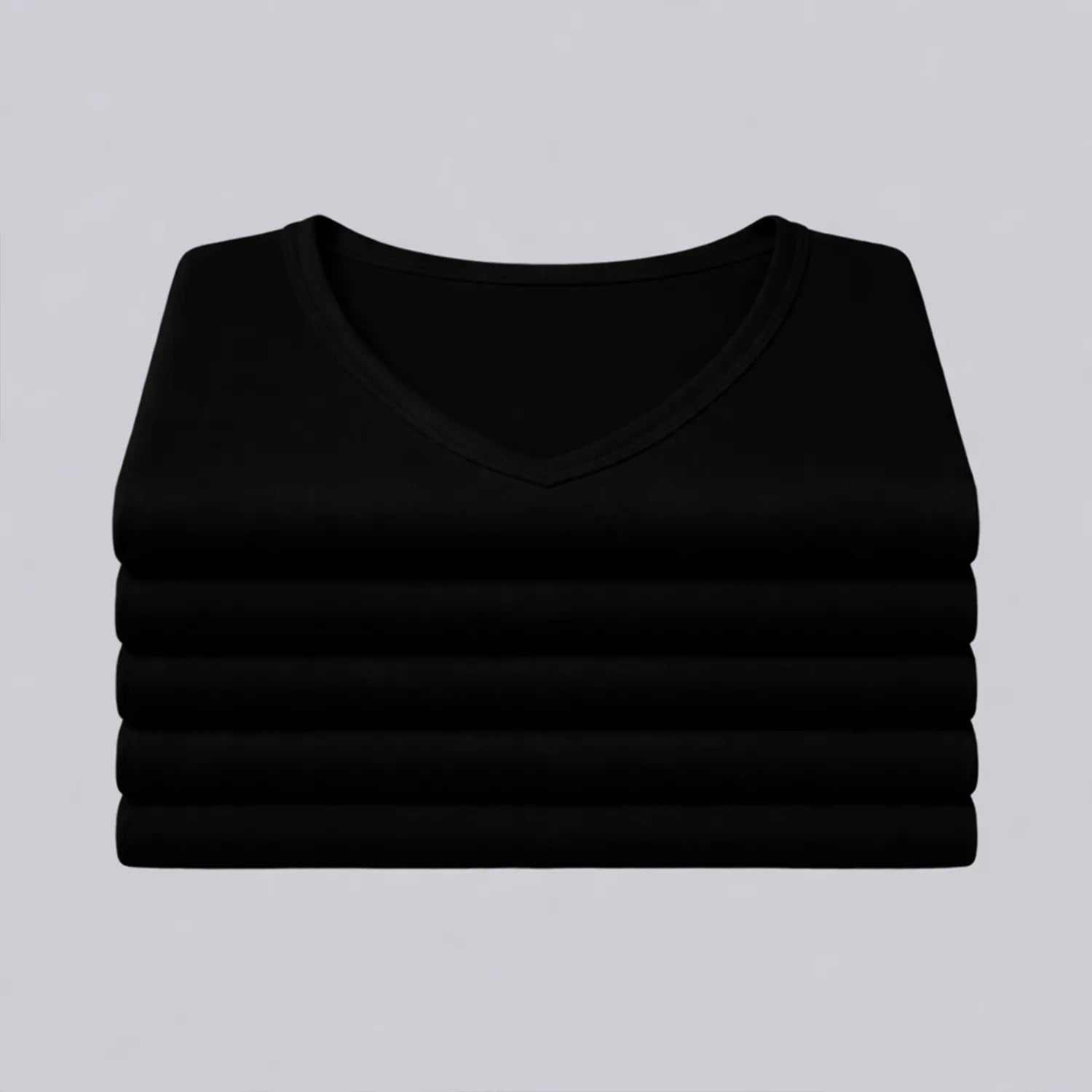 5-pack zwarte Confidence For All heren anti-zweet T-shirts netjes opgestapeld, basic shirts met v-hals.