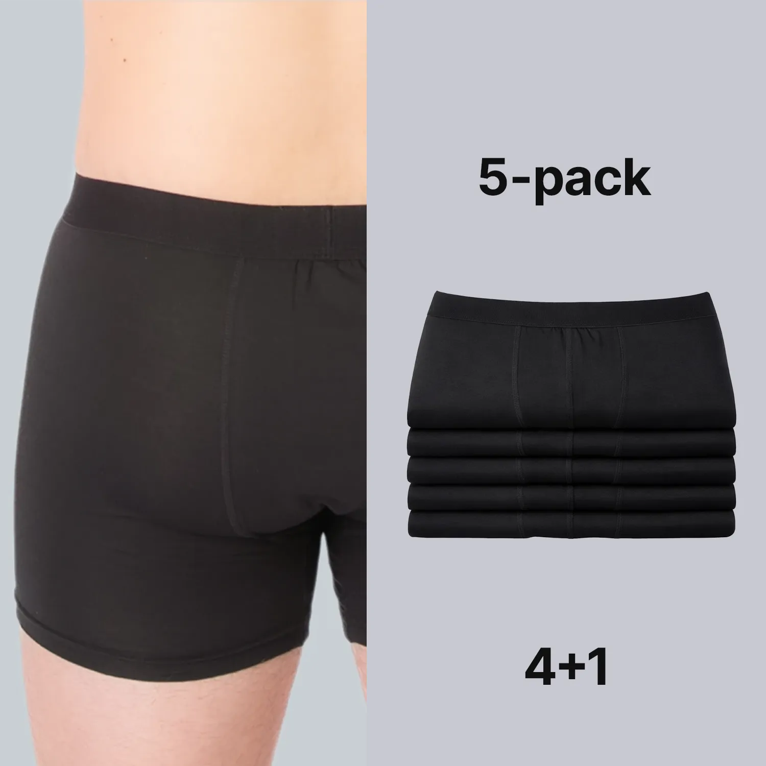 Zwarte Confidence For All heren anti-zweet boxershort op model, naast een netjes opgestapelde 5-pack boxershorts in zwart comfortabel en basic design voor dagelijks gebruik.