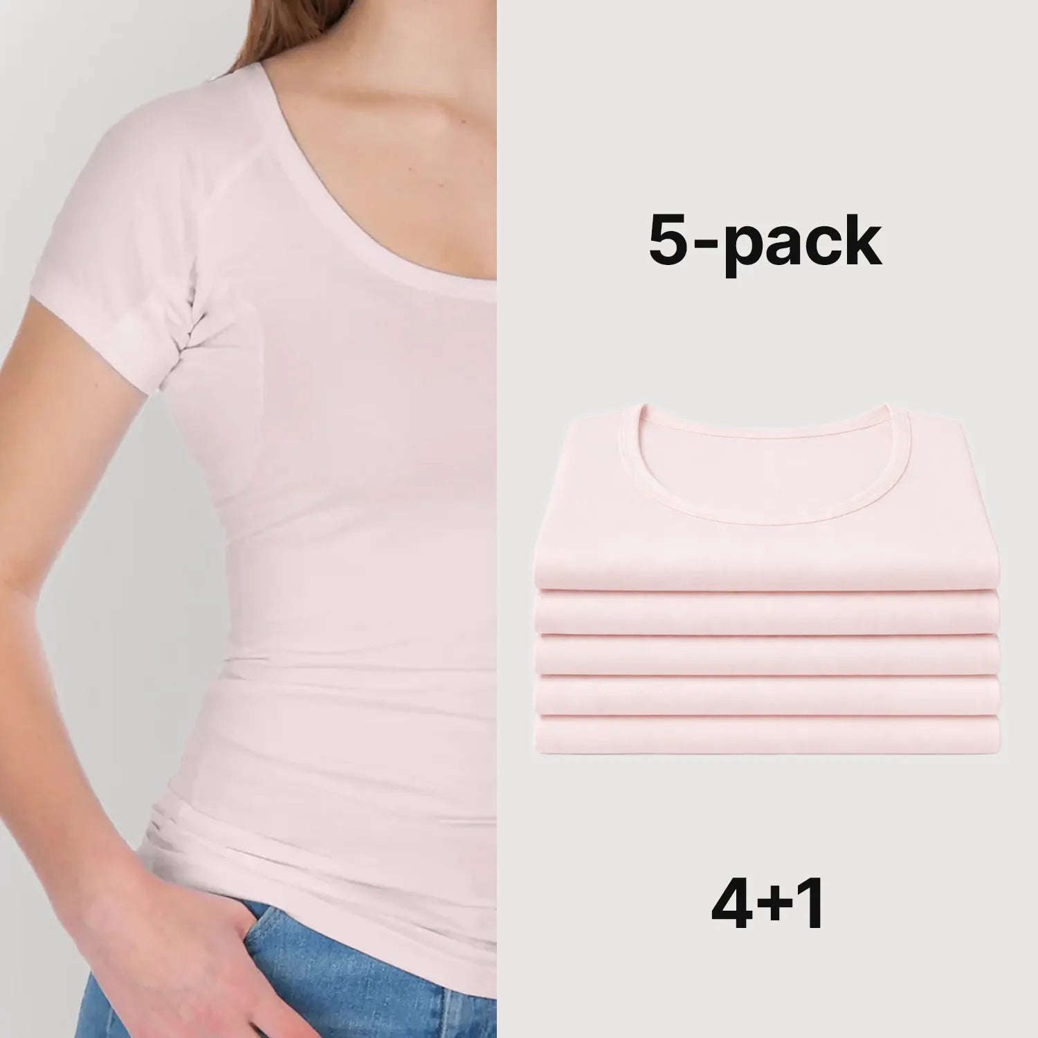 Zachtroze Confidence For All dames anti-zweet T-shirt met korte mouwen, gedragen door model, naast een netjes opgestapelde 5-pack shirts in lichtroze kleur (4+1 voordeelverpakking), comfortabel en basic design voor dagelijks gebruik.