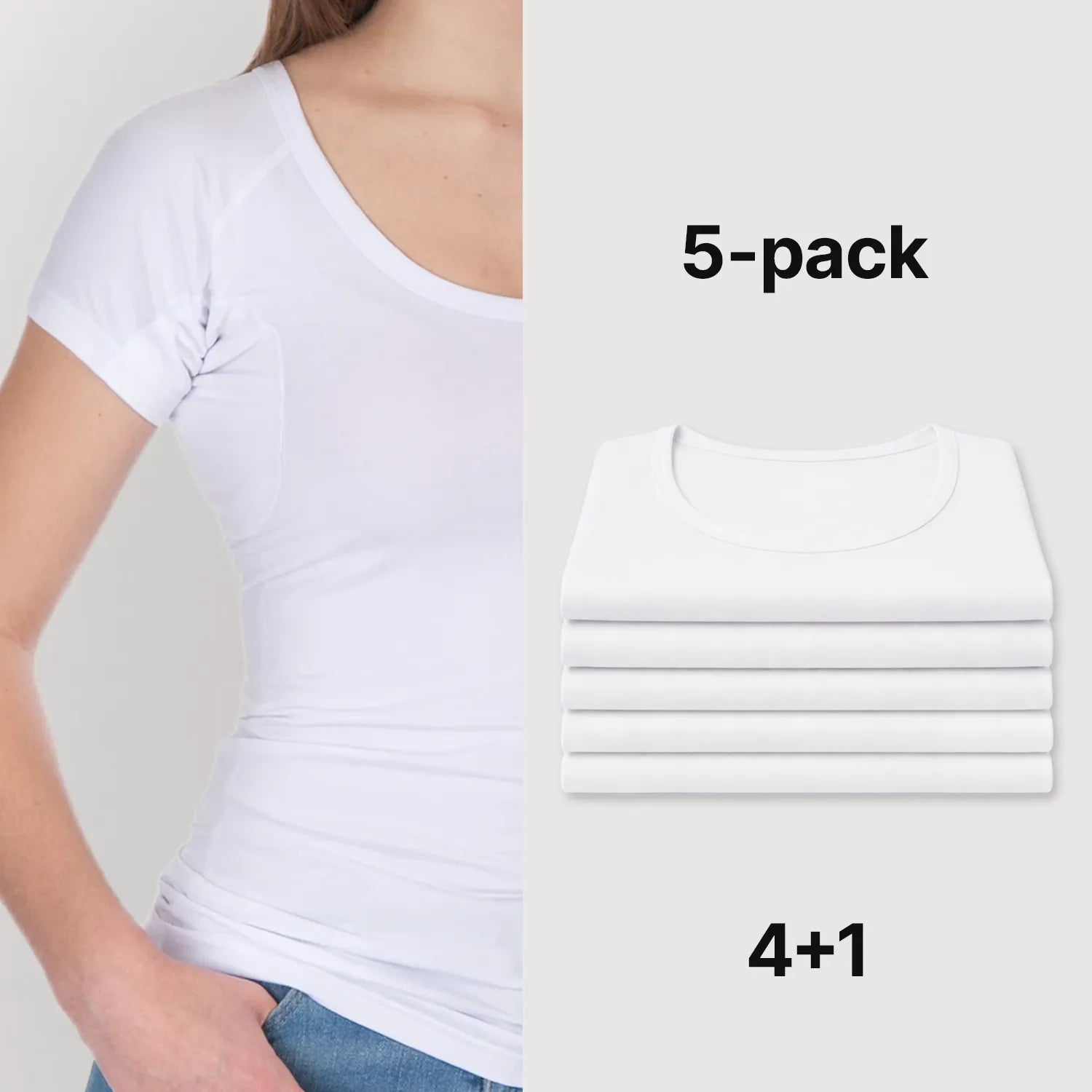 Witte Confidence For All dames anti-zweet T-shirt met korte mouwen, gedragen door model, naast een netjes opgestapelde 5-pack shirts in witte kleur (4+1 voordeelverpakking), comfortabel en basic design voor dagelijks gebruik.